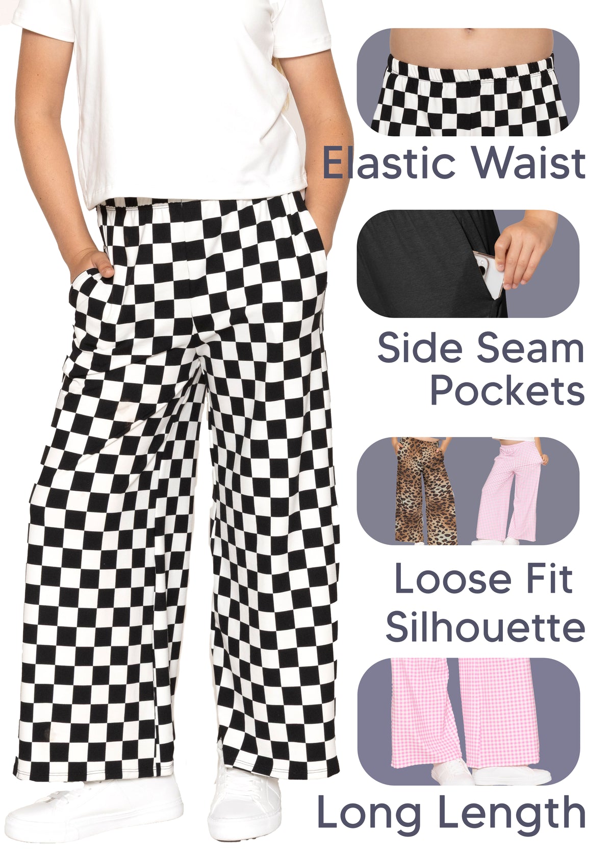 Girls Cotton Wide Leg Pants | Pull-On Style with Pockets | Soft Stretch, Everyday Wear | Sizes 4 to 16