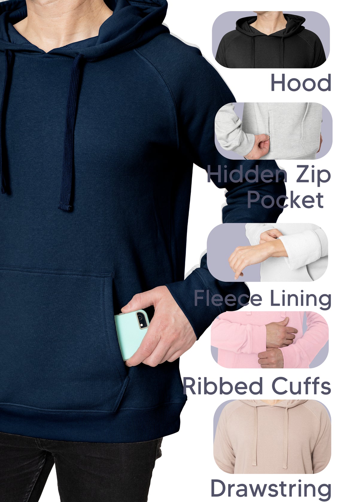 Men's Soft Hoodie with Extra Side Seam Zippered Pocket | Cozy and Functional | Fleeced Line | Small - 5X