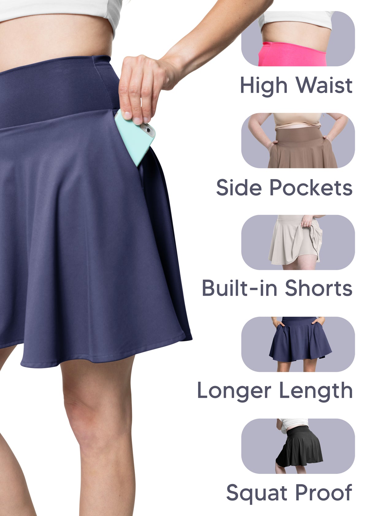 Women's and Plus Ultra Flex High Waist Tennis Skirt with Pockets and Built in Shorts | X-Small to 5X