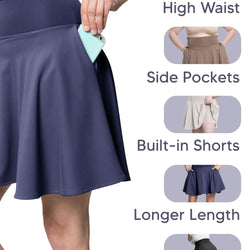 Women's and Plus Ultra Flex High Waist Tennis Skirt with Pockets and Built in Shorts | X-Small to 5X