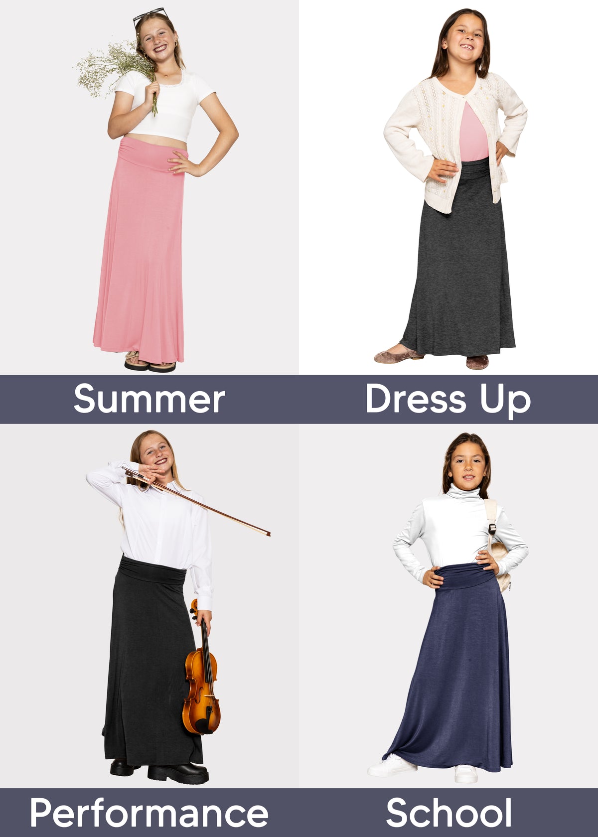 Youth Girl's Flowy Ankle Length Skirt with Ruched Waistband | Sizes 4 to 16