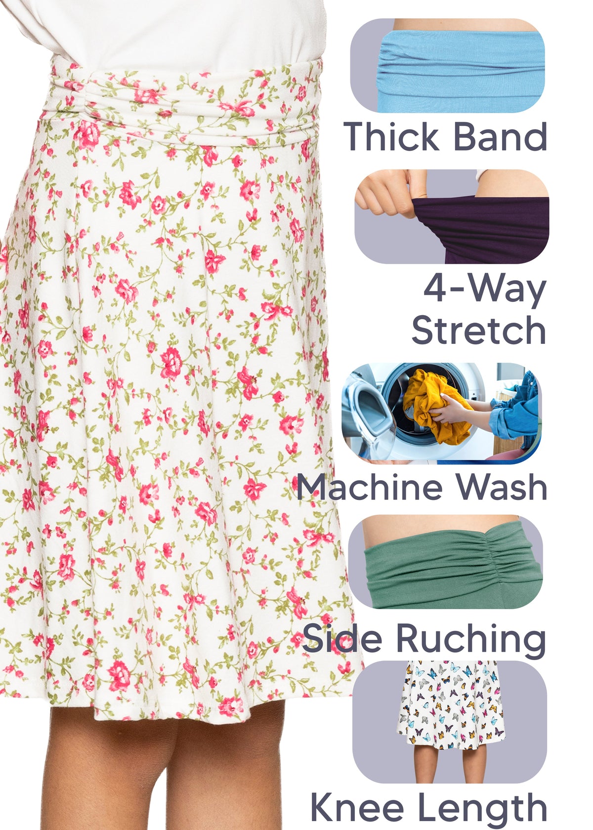 Youth Girl's Flowy Knee Length Skirt with Ruched Waistband | Sizes 4 to 16