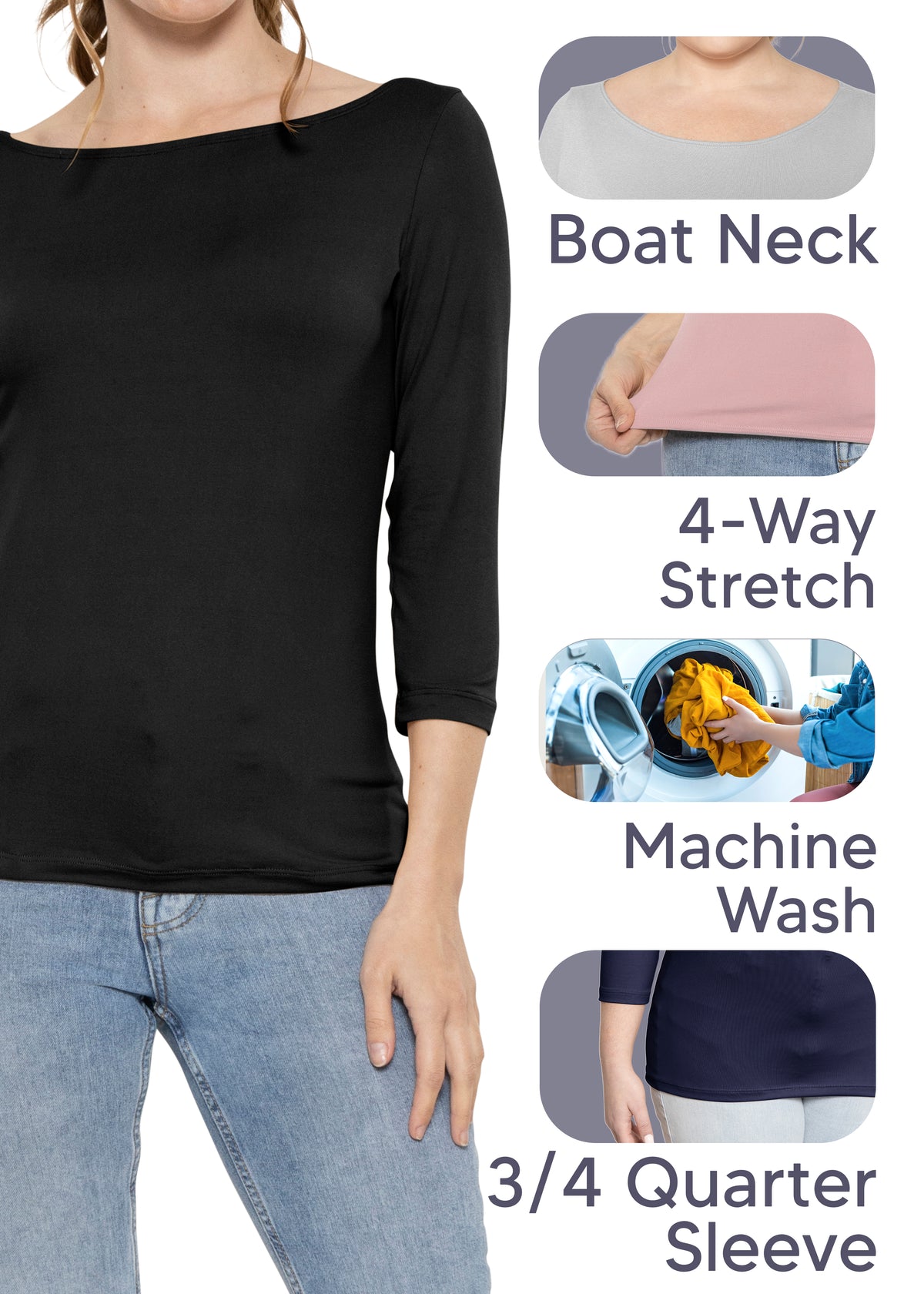 Women's and Plus Oh So Soft ¾ Boat Neck Top | Small to 3X