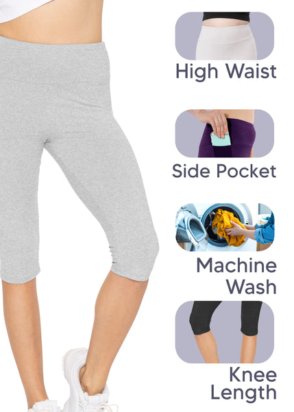 Women and Plus Size High Waist Knee Length Leggings with Pocket | Small to 5X