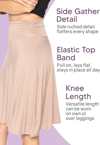 Women's & Plus Size Knee Length Ruched Waist Flowy Skirt | Small to 3X