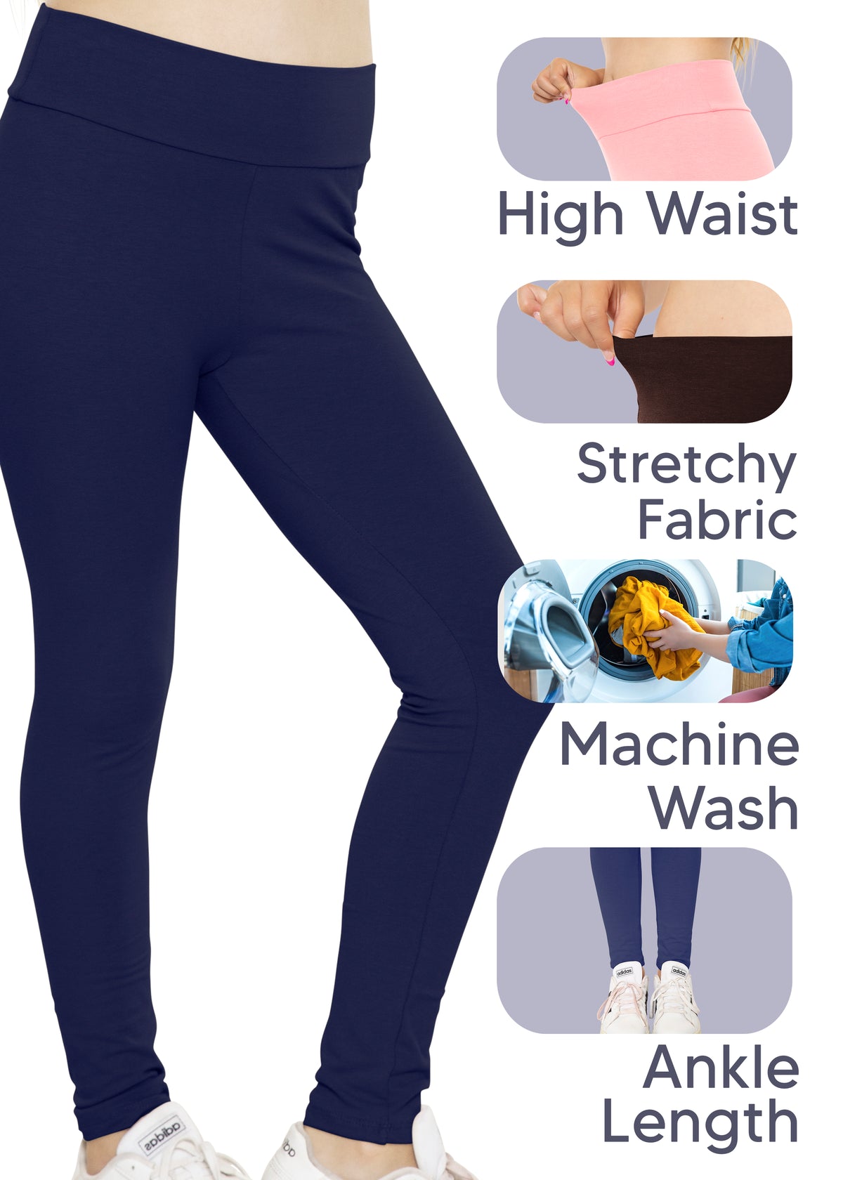 Girls Cotton Stretch High Waisted Leggings | Youth Size 4 to 14