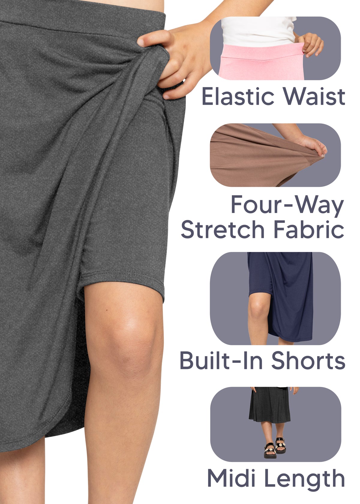 Girls A-Line Midi Skirt with Built-in Shorts | Youth Size 4 to 16