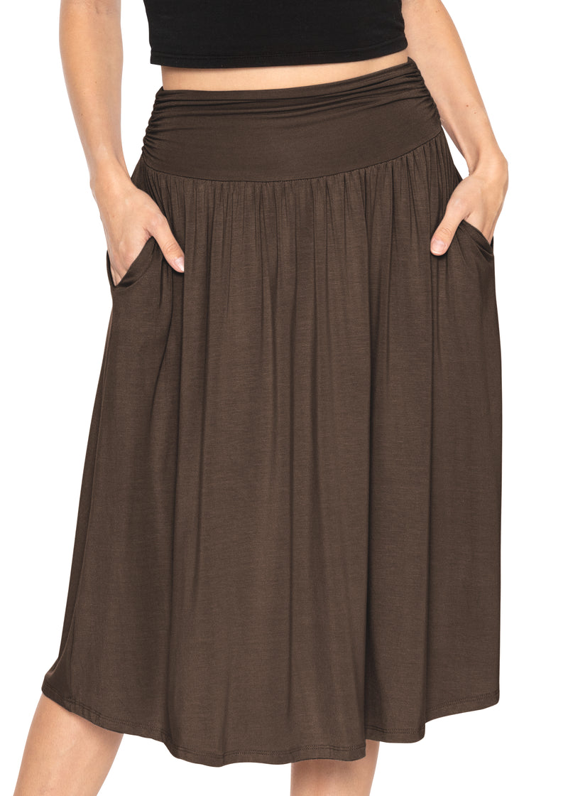 Casual Ruched Below Knee Length Midi Skirt with Pockets