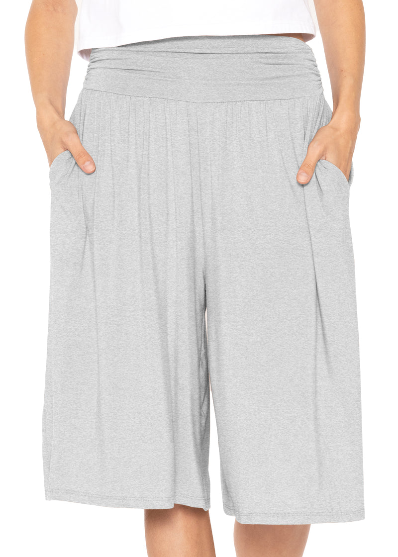 Ruched Waistband Wide Leg Gaucho Pants in Gray