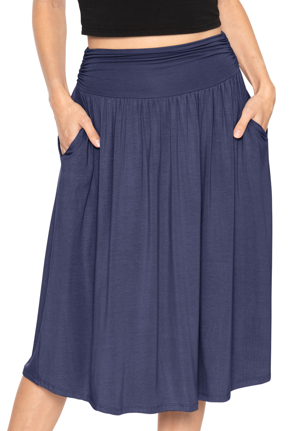 Casual Ruched Below Knee Length Midi Skirt with Pockets Stretch Is Comfort
