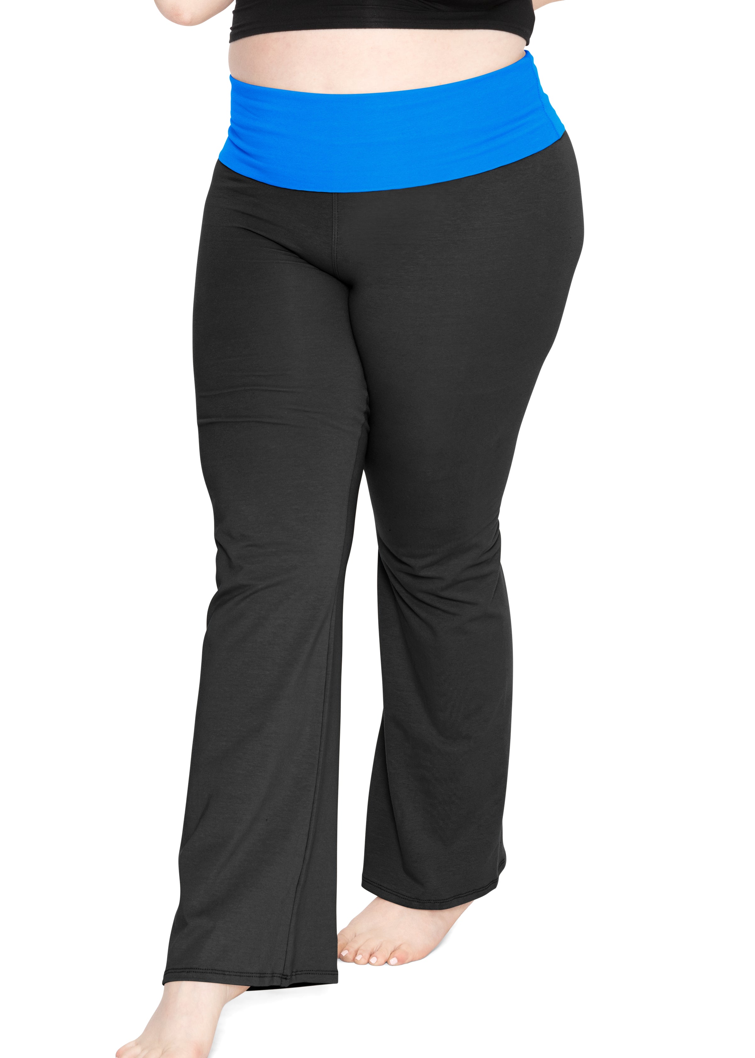 WOMEN COTTON SPANDEX YOGA FLARE PANTS FOLDOVER ATHLETIC GYM REG N PLUS  S-3XL