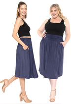 Casual Ruched Below Knee Length Midi Skirt with Pockets