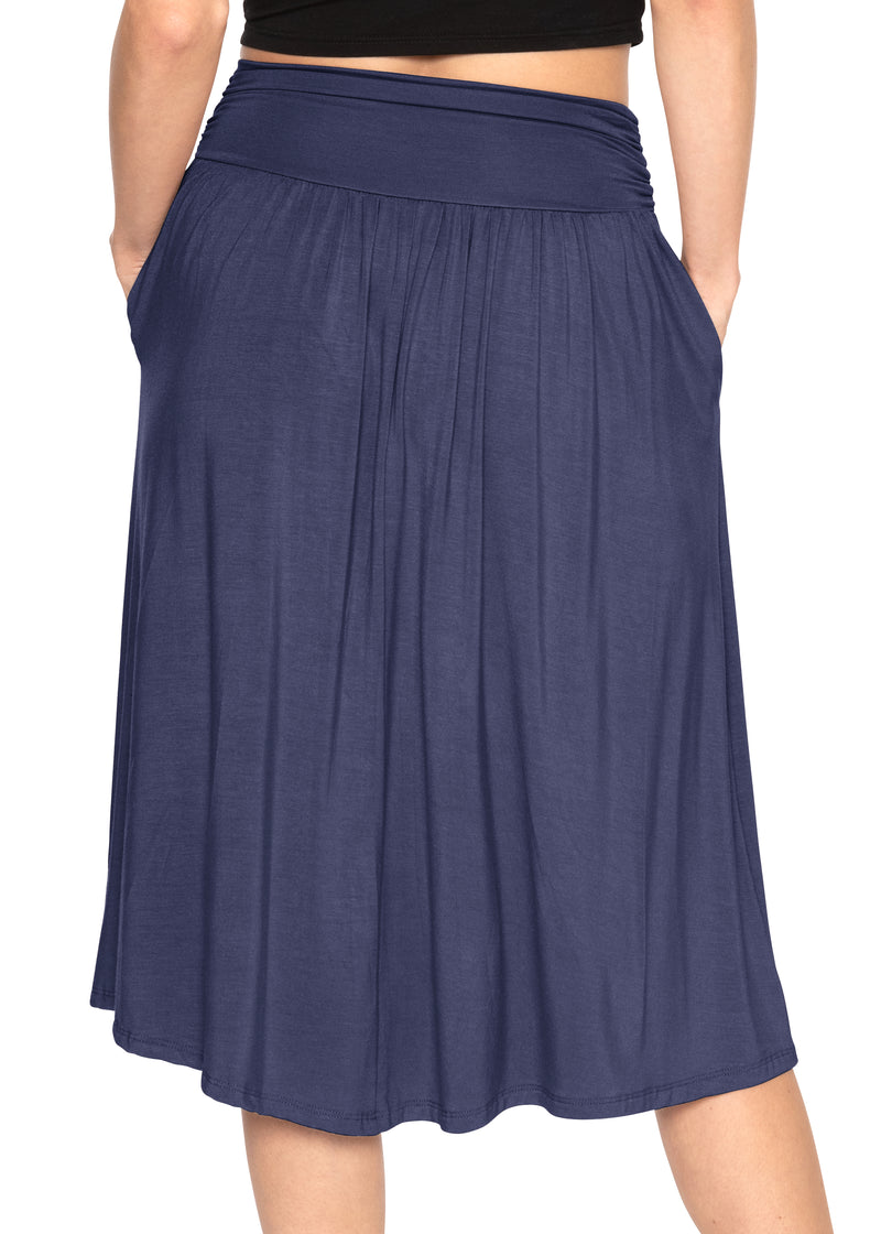 Casual Ruched Below Knee Length Midi Skirt with Pockets